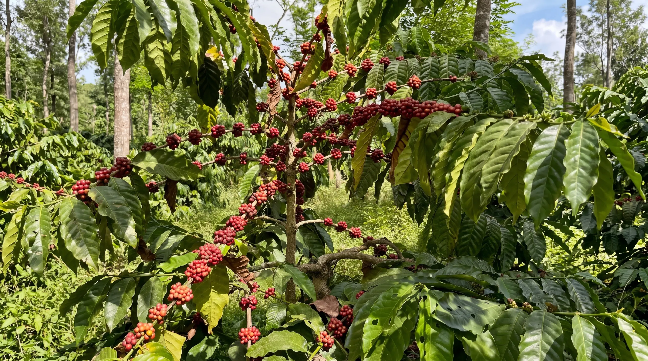 Ripe red coffee cherry clustered along a branch under the shade canopy